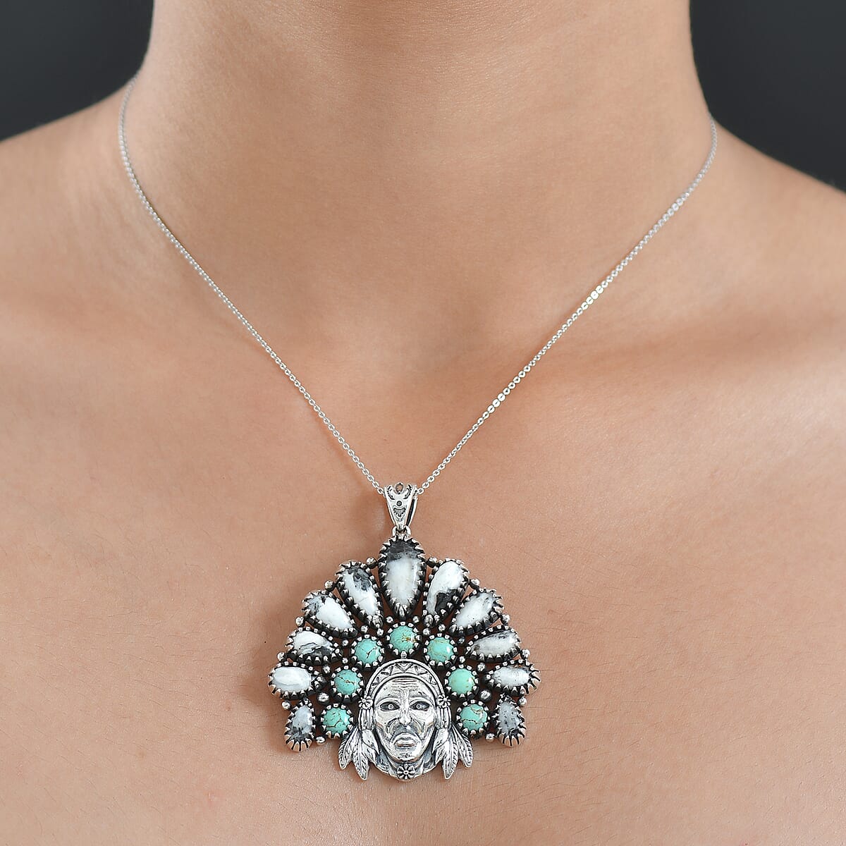 D'Joy Artisan Crafted White Buffalo and Tahoe Nevada Turquoise 17.40 ctw Pendant without Chain in Sterling Silver image number 2