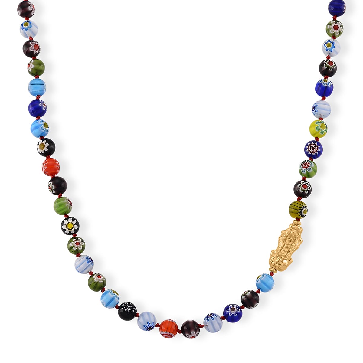 Multi Color Murano Style Beaded Necklace with Pixiu Charm in Goldtone 20 Inches image number 0