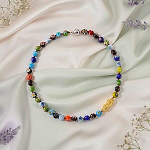 Multi Color Murano Style Beaded Necklace with Pixiu Charm in Goldtone 20 Inches