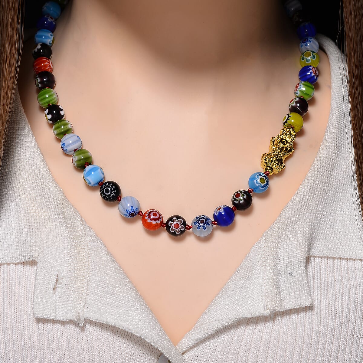 Multi Color Murano Style Beaded Necklace with Pixiu Charm in Goldtone 20 Inches image number 2