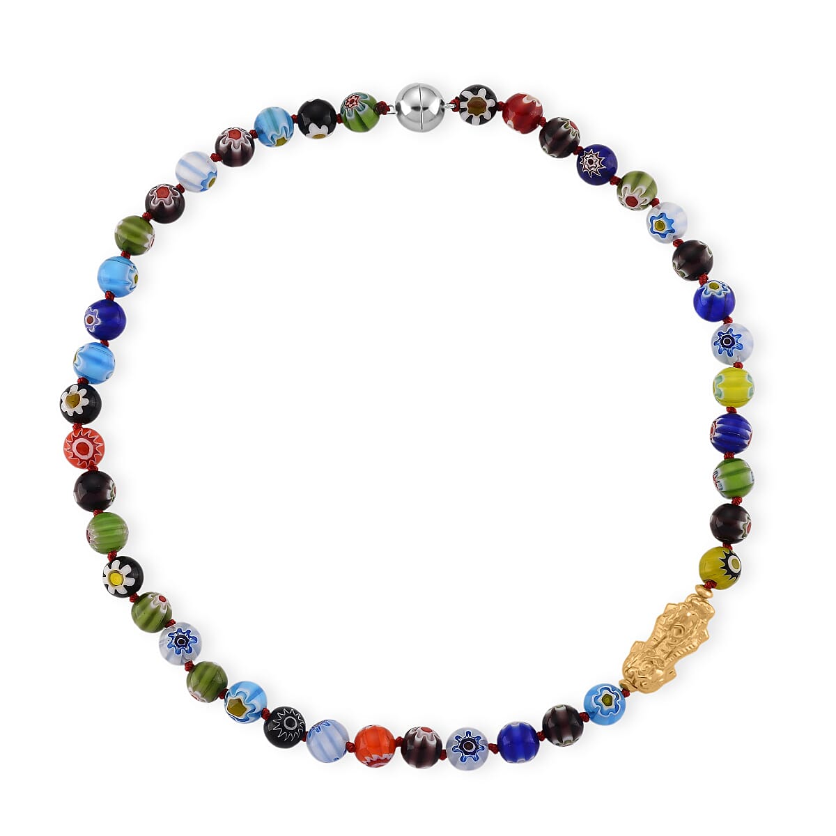 Multi Color Murano Style Beaded Necklace with Pixiu Charm in Goldtone 20 Inches image number 3
