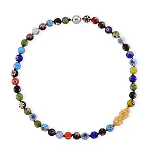 Multi Color Murano Style Beaded Necklace with Pixiu Charm in Goldtone 20 Inches