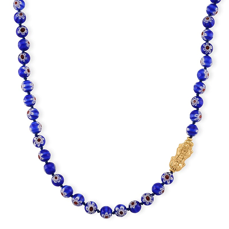 Blue Color Murano Style Beaded Necklace with Pixiu Charm in Goldtone 20 Inches
