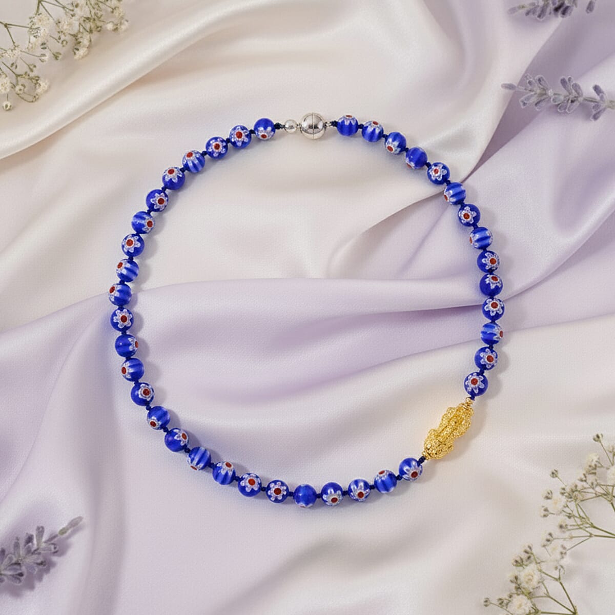 Blue Color Murano Style Beaded Necklace with Pixiu Charm in Goldtone 20 Inches image number 1