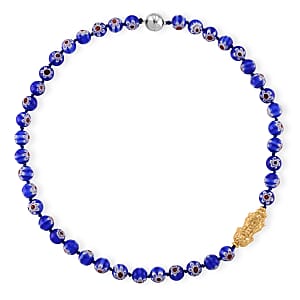 Blue Color Murano Style Beaded Necklace with Pixiu Charm in Goldtone 20 Inches