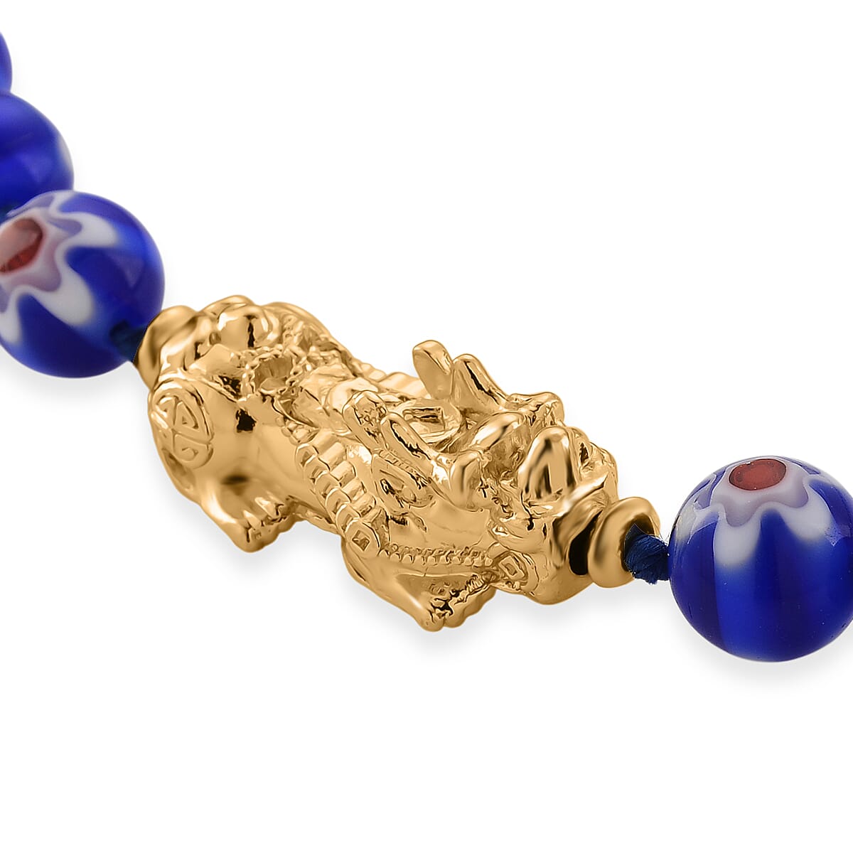 Blue Color Murano Style Beaded Necklace with Pixiu Charm in Goldtone 20 Inches