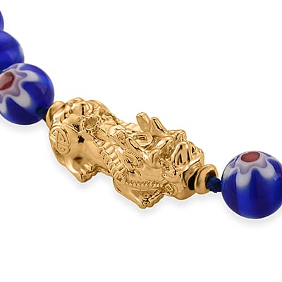 Blue Color Murano Style Beaded Necklace with Pixiu Charm in Goldtone 20 Inches