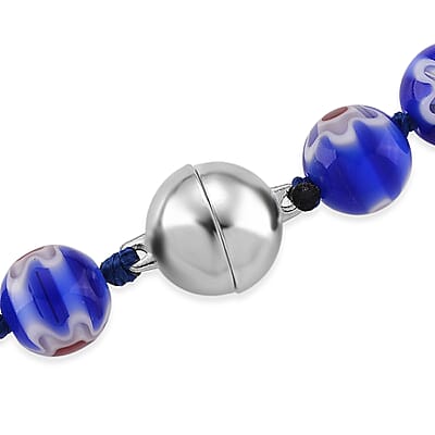 Blue Color Murano Style Beaded Necklace with Pixiu Charm in Goldtone 20 Inches