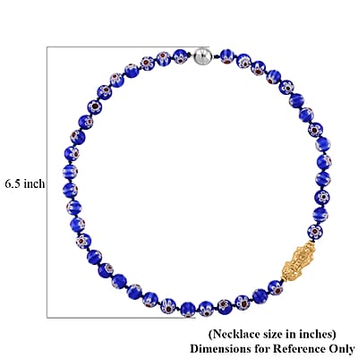 Blue Color Murano Style Beaded Necklace with Pixiu Charm in Goldtone 20 Inches