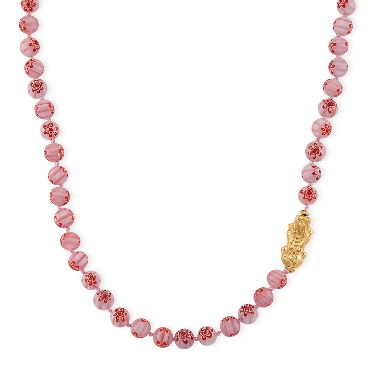 Pink Color Murano Style Beaded Necklace with Pixiu Charm in Goldtone 20 Inches