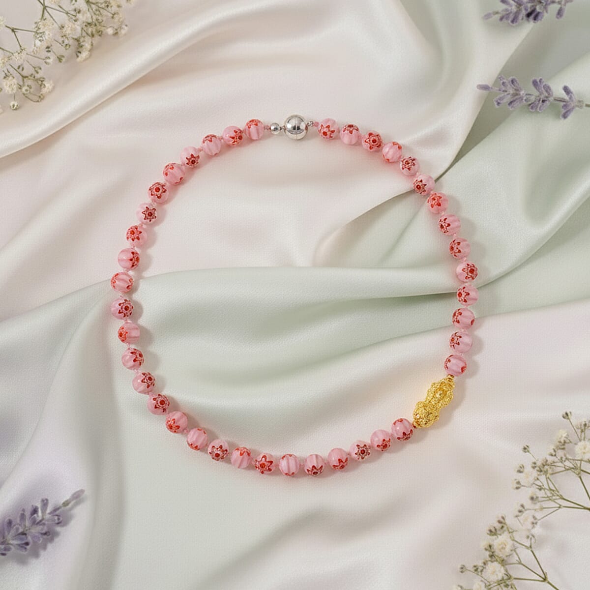 Pink Color Murano Style Beaded Necklace with Pixiu Charm in Goldtone 20 Inches