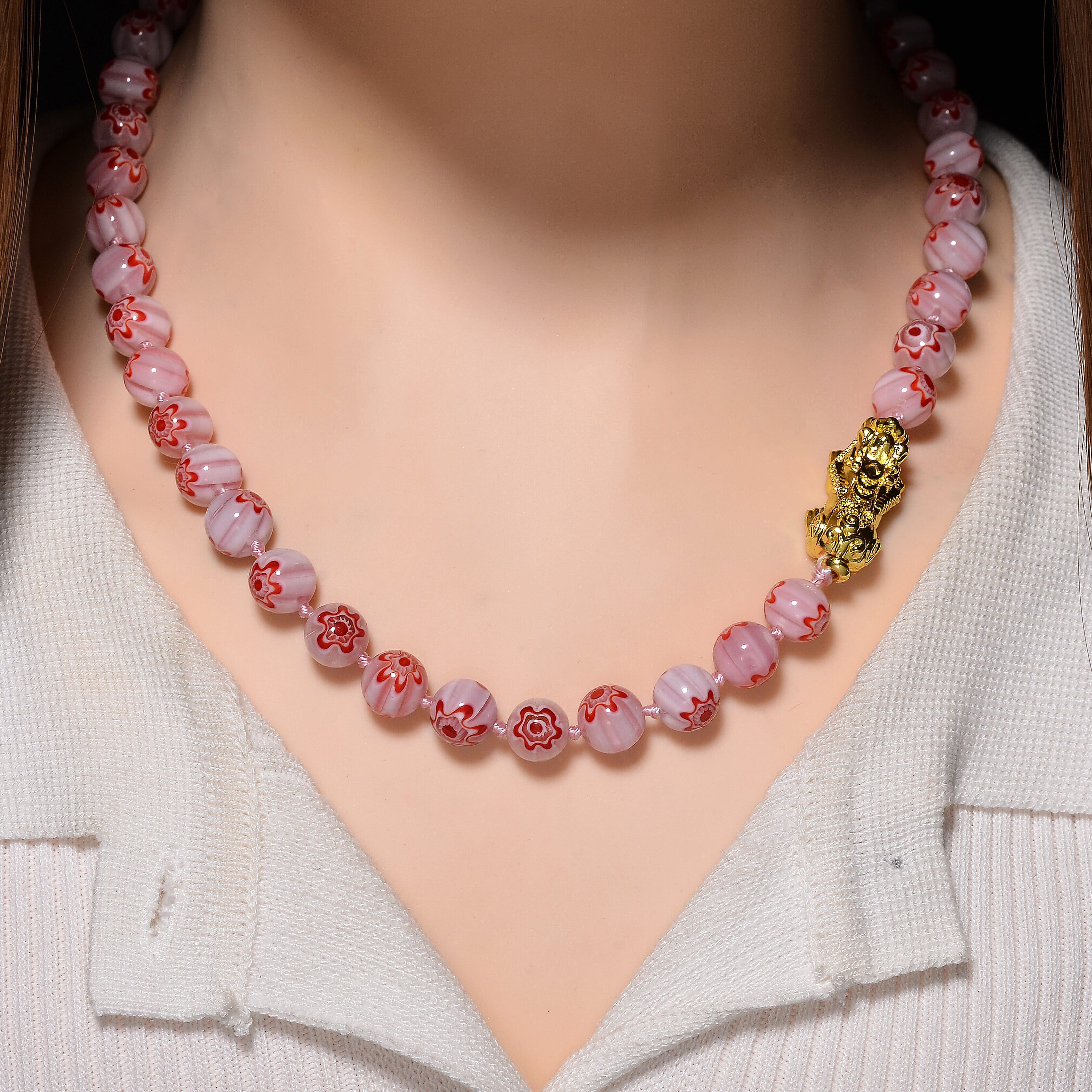 Pink Color Murano Style Beaded Necklace with Pixiu Charm in Goldtone 20 Inches