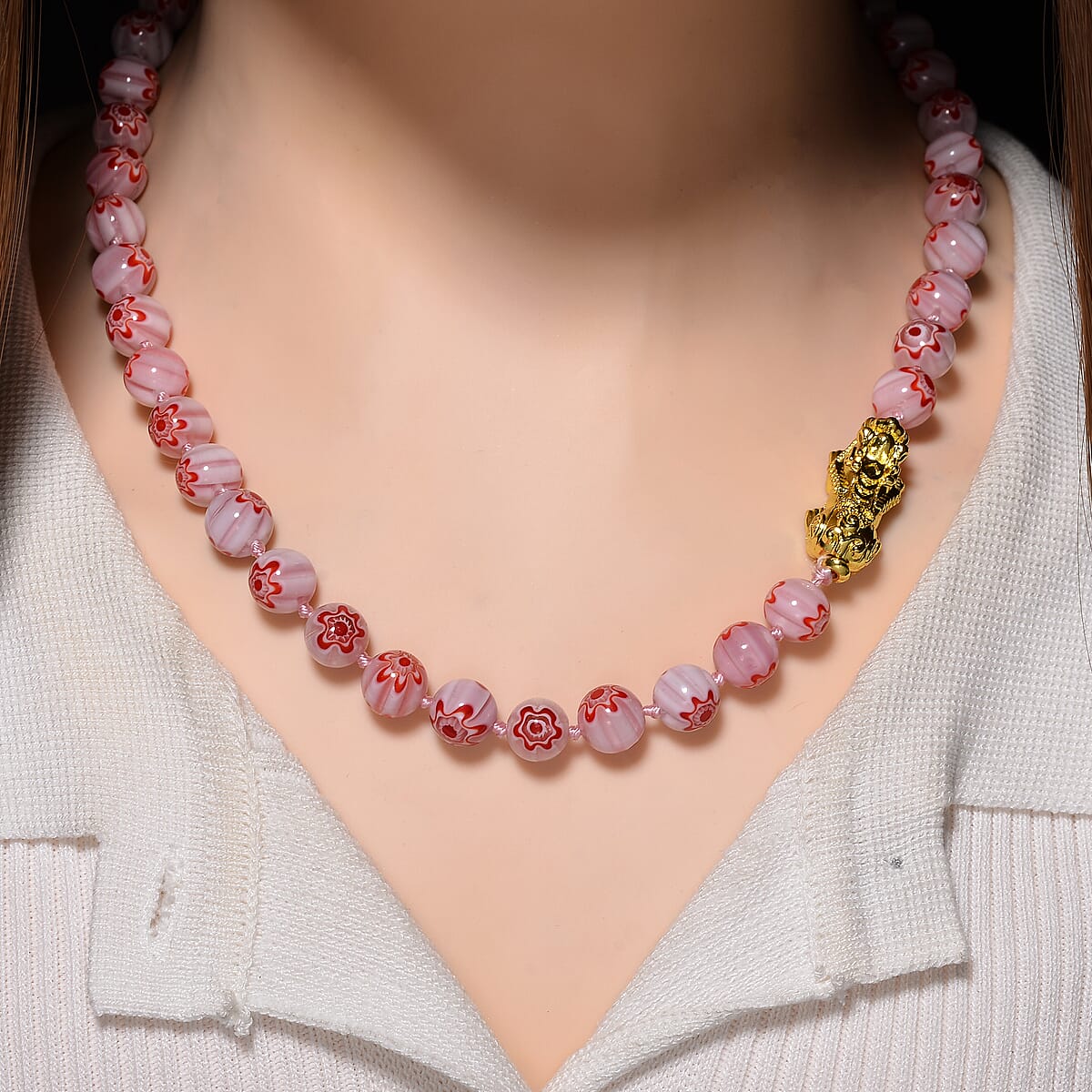 Pink Color Murano Style Beaded Necklace with Pixiu Charm in Goldtone 20 Inches image number 2