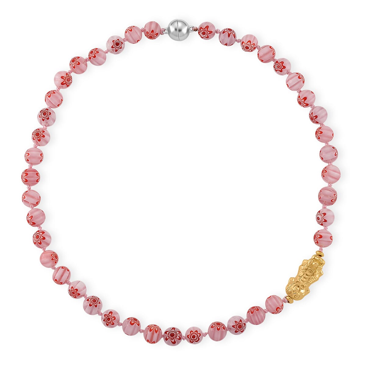 Pink Color Murano Style Beaded Necklace with Pixiu Charm in Goldtone 20 Inches