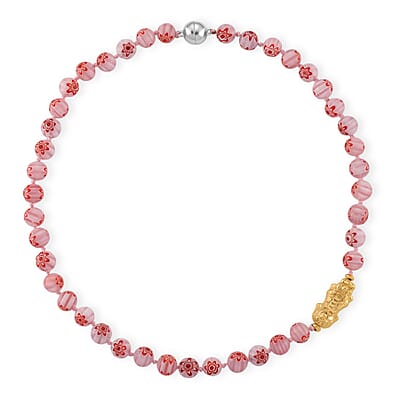 Pink Color Murano Style Beaded Necklace with Pixiu Charm in Goldtone 20 Inches