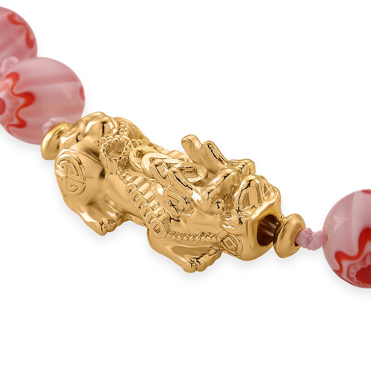 Pink Color Murano Style Beaded Necklace with Pixiu Charm in Goldtone 20 Inches