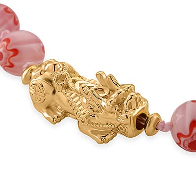 Pink Color Murano Style Beaded Necklace with Pixiu Charm in Goldtone 20 Inches