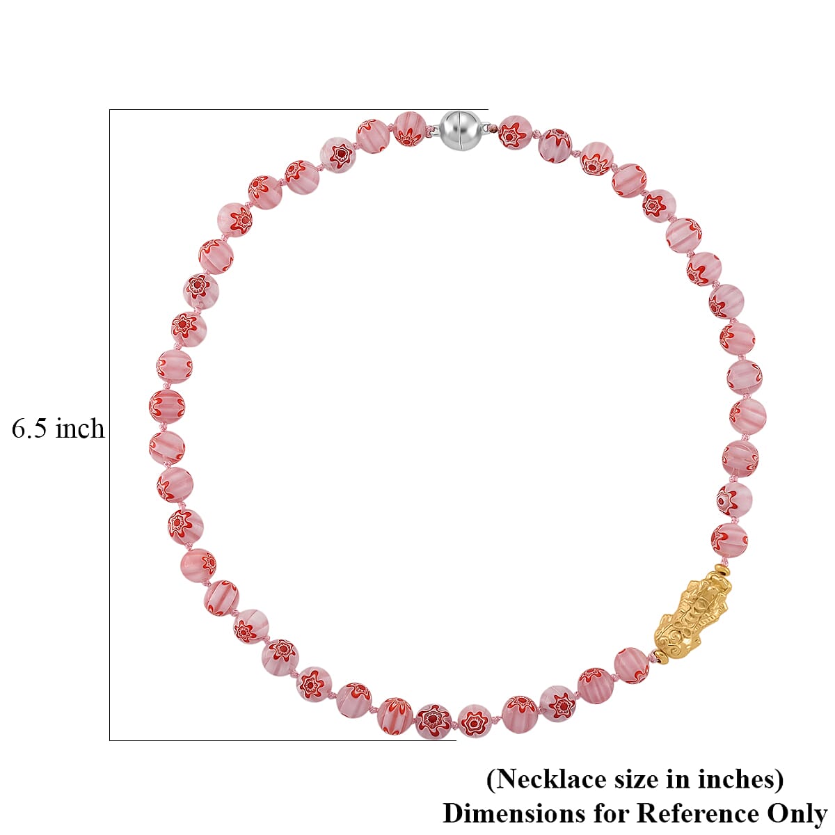 Pink Color Murano Style Beaded Necklace with Pixiu Charm in Goldtone 20 Inches
