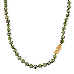 Green Color Murano Style Beaded Necklace with Pixiu Charm in Goldtone 20 Inches