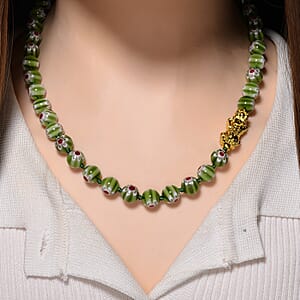 Green Color Murano Style Beaded Necklace with Pixiu Charm in Goldtone 20 Inches