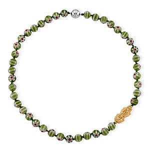 Green Color Murano Style Beaded Necklace with Pixiu Charm in Goldtone 20 Inches