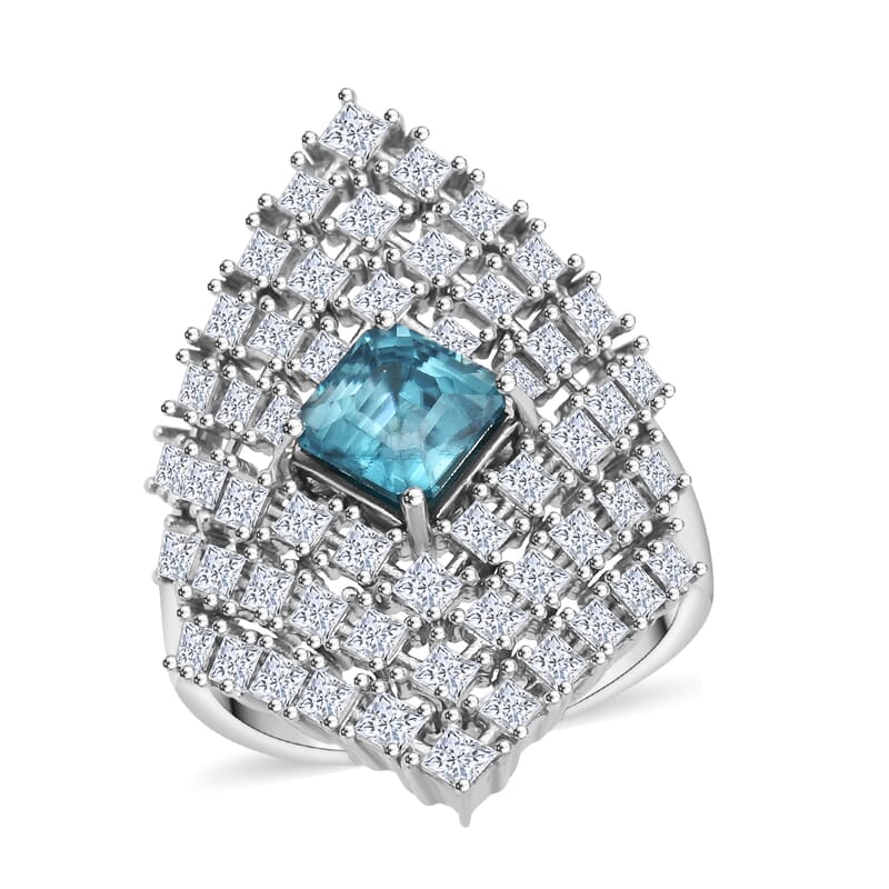 D'Joy Asscher Cut Premium Cambodian Blue Zircon and Moissanite 4.00 ctw Royal Lattice Ring in Rhodium Over Sterling Silver (Size 6.0)