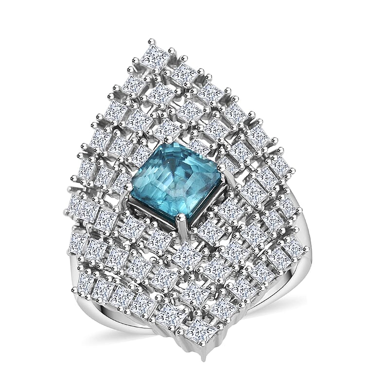 D'Joy Asscher Cut Premium Cambodian Blue Zircon and Moissanite 4.00 ctw Royal Lattice Ring in Rhodium Over Sterling Silver (Size 6.0)