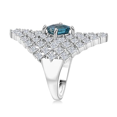 D'Joy Asscher Cut Premium Cambodian Blue Zircon and Moissanite 4.00 ctw Royal Lattice Ring in Rhodium Over Sterling Silver (Size 6.0)