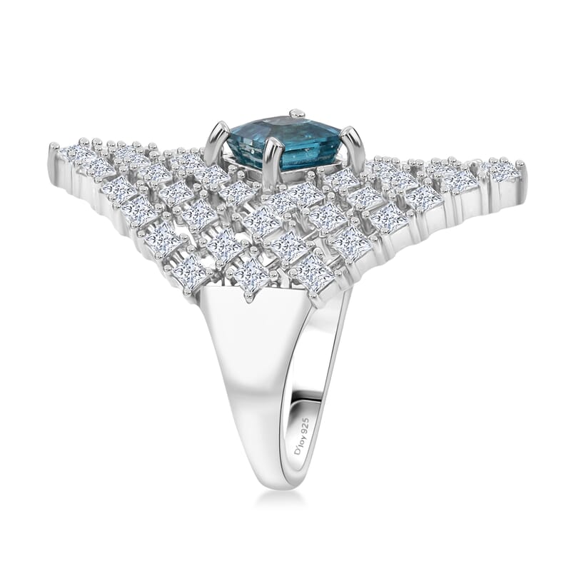 D'Joy Asscher Cut Premium Cambodian Blue Zircon and Moissanite 4.00 ctw Royal Lattice Ring in Rhodium Over Sterling Silver (Size 6.0)