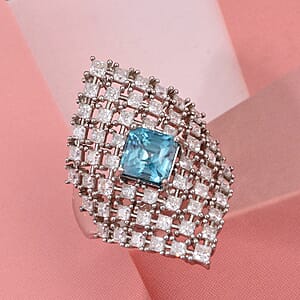 D'Joy Asscher Cut Premium Cambodian Blue Zircon and Moissanite 4.00 ctw Royal Lattice Ring in Rhodium Over Sterling Silver (Size 7.0)