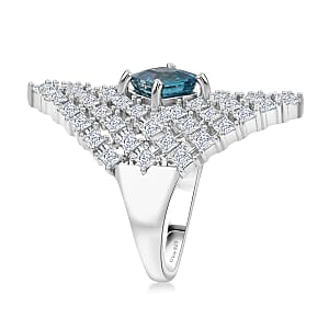 D'Joy Asscher Cut Premium Cambodian Blue Zircon and Moissanite 4.00 ctw Royal Lattice Ring in Rhodium Over Sterling Silver (Size 7.0)