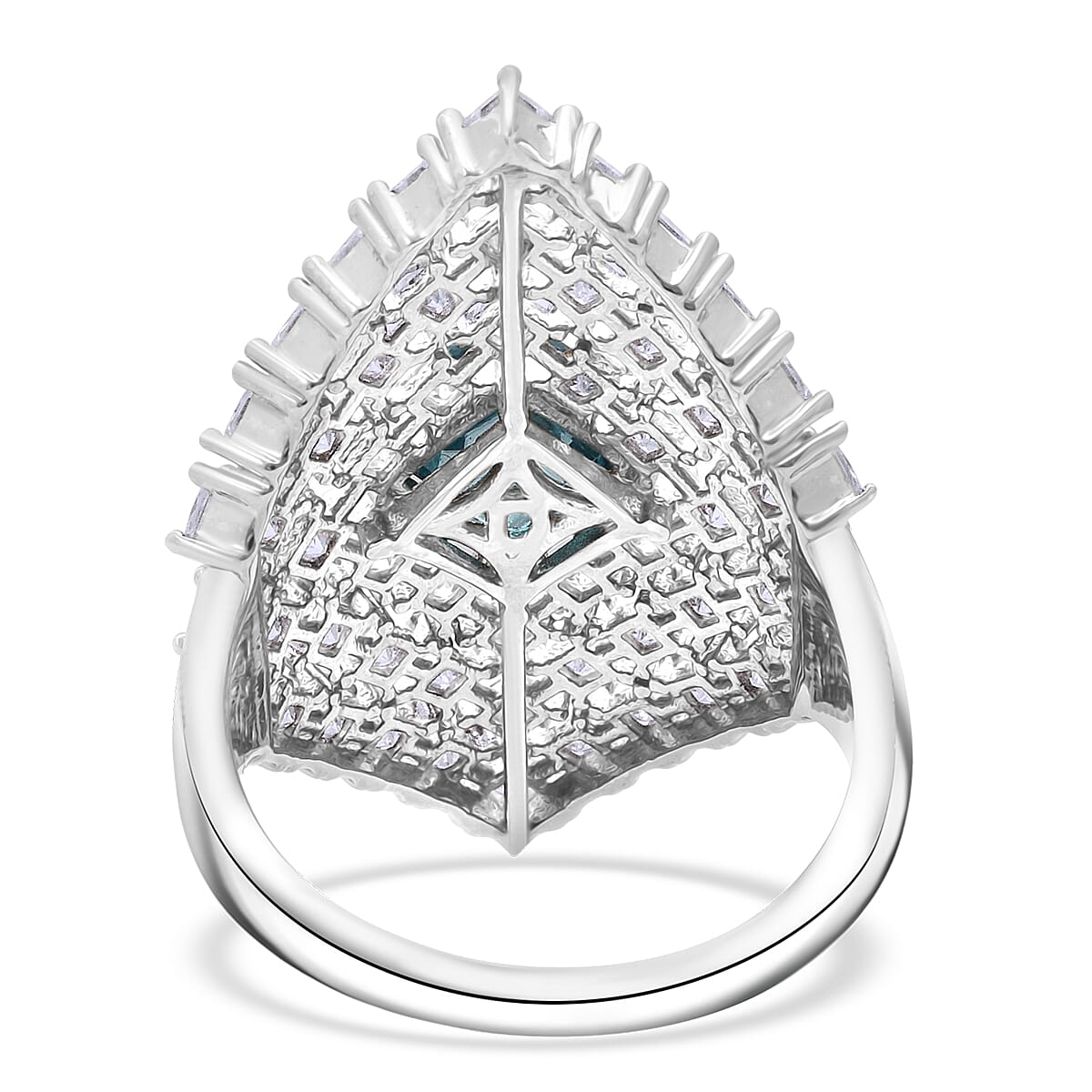 D'Joy Asscher Cut Premium Cambodian Blue Zircon and Moissanite 4.00 ctw Royal Lattice Ring in Rhodium Over Sterling Silver (Size 7.0) image number 4