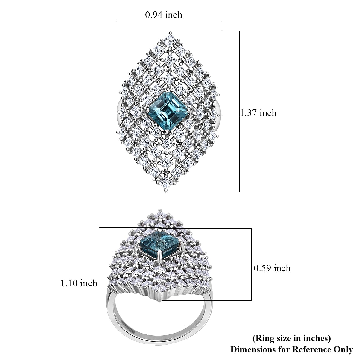 D'Joy Asscher Cut Premium Cambodian Blue Zircon and Moissanite 4.00 ctw Royal Lattice Ring in Rhodium Over Sterling Silver (Size 7.0) image number 5
