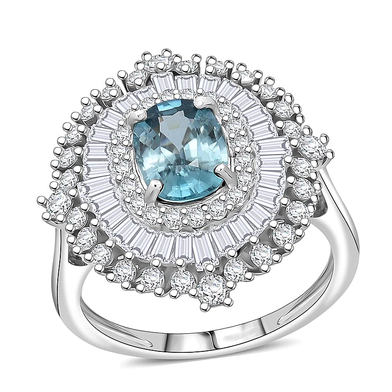 D'Joy Premium Cambodian Blue Zircon and Moissanite 3.50 ctw Regal Halo Ring in Rhodium Over Sterling Silver (Size 10.0)