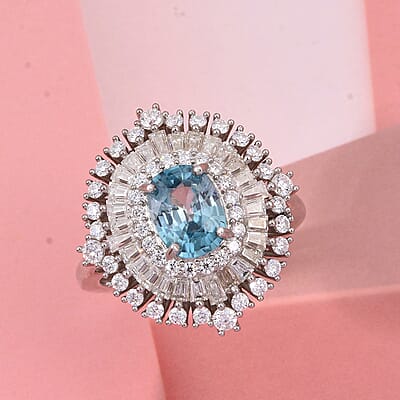 D'Joy Premium Cambodian Blue Zircon and Moissanite 3.50 ctw Regal Halo Ring in Rhodium Over Sterling Silver (Size 10.0)