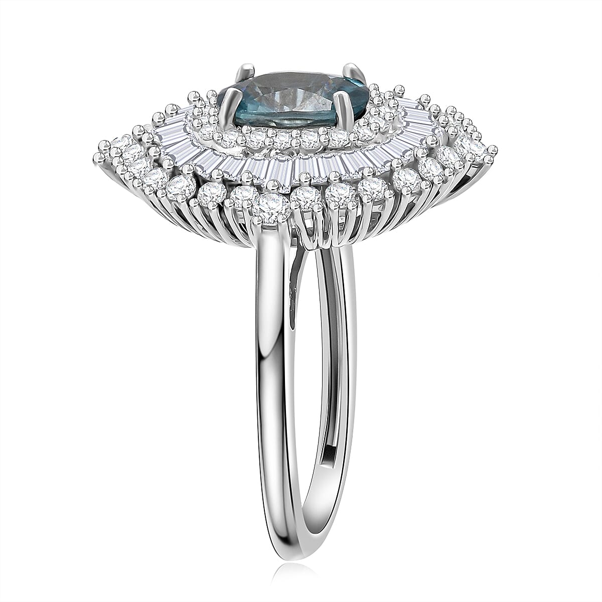 D'Joy Premium Cambodian Blue Zircon and Moissanite 3.50 ctw Regal Halo Ring in Rhodium Over Sterling Silver (Size 10.0) image number 3