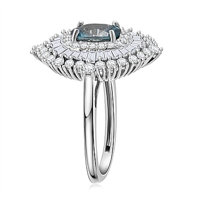 D'Joy Premium Cambodian Blue Zircon and Moissanite 3.50 ctw Regal Halo Ring in Rhodium Over Sterling Silver (Size 10.0)