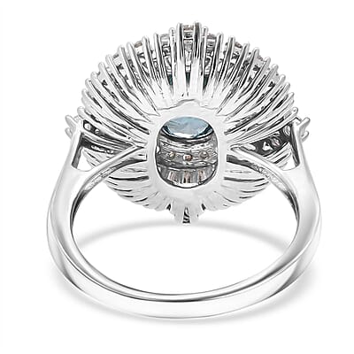 D'Joy Premium Cambodian Blue Zircon and Moissanite 3.50 ctw Regal Halo Ring in Rhodium Over Sterling Silver (Size 10.0)