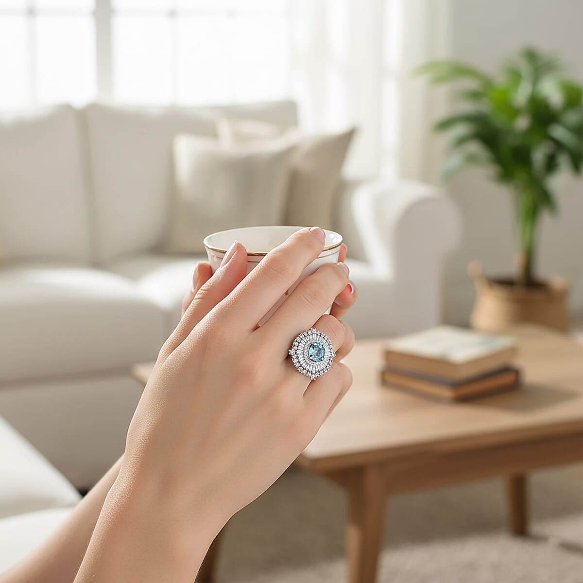 D'Joy Premium Cambodian Blue Zircon and Moissanite 3.50 ctw Regal Halo Ring in Rhodium Over Sterling Silver (Size 7.0) image number 2