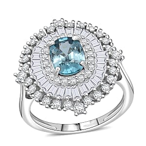 D'Joy Premium Cambodian Blue Zircon and Moissanite 3.50 ctw Regal Halo Ring in Rhodium Over Sterling Silver (Size 8.0)