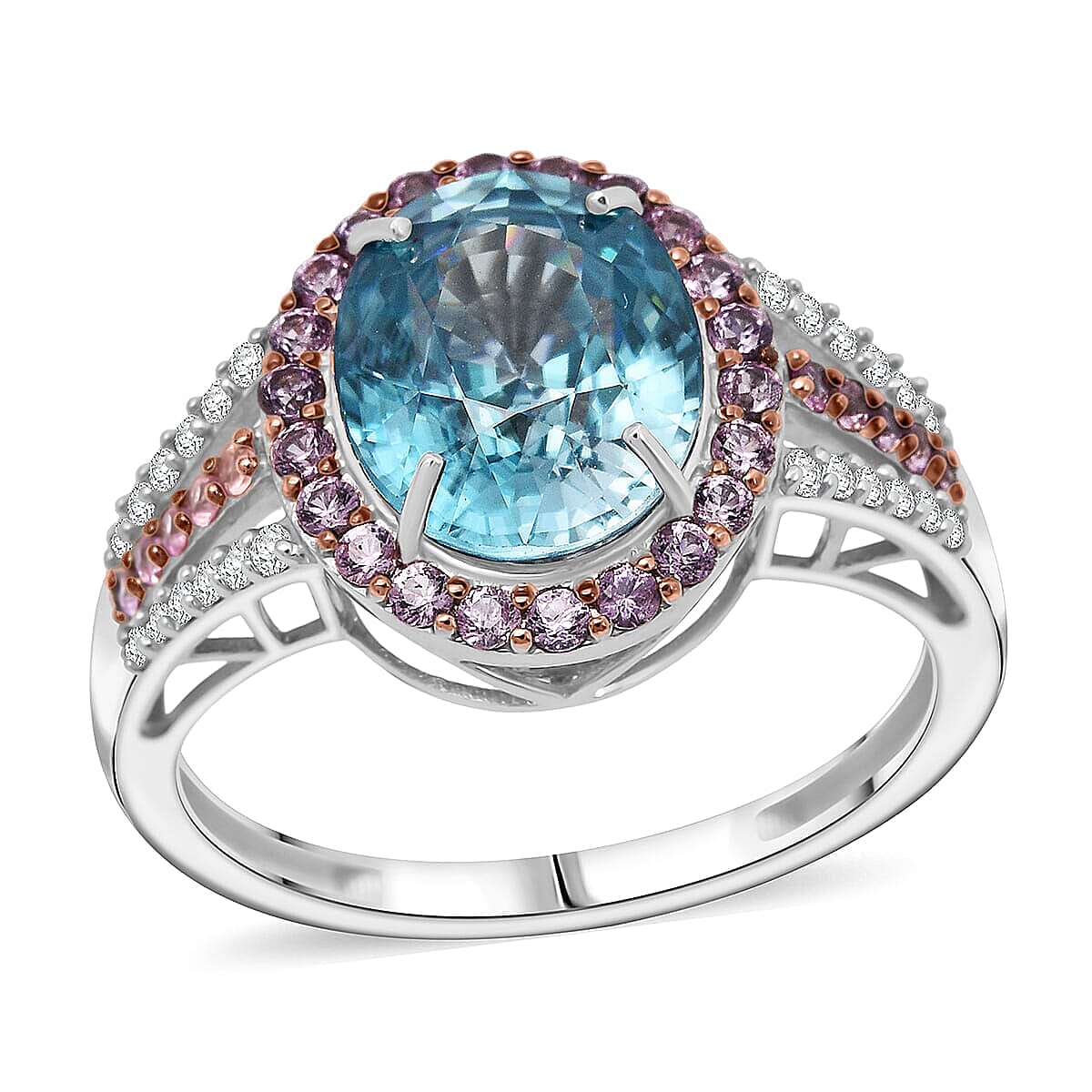 Luxoro AAA Cambodian Blue Zircon, Pink Sapphire and G-H SI Diamond 6.15 ctw Blue Rose Ring in 10K White Gold (Size 6.0) image number 0