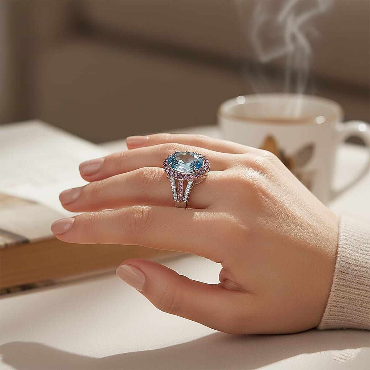 Luxoro AAA Cambodian Blue Zircon, Pink Sapphire and G-H SI Diamond 6.15 ctw Blue Rose Ring in 10K White Gold (Size 6.0) image number 2