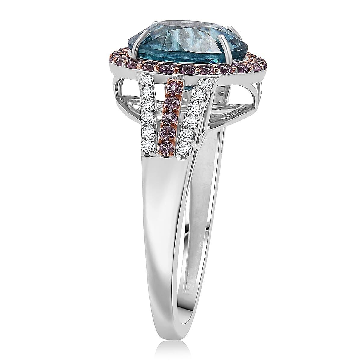 Luxoro AAA Cambodian Blue Zircon, Pink Sapphire and G-H SI Diamond 6.15 ctw Blue Rose Ring in 10K White Gold (Size 6.0) image number 3