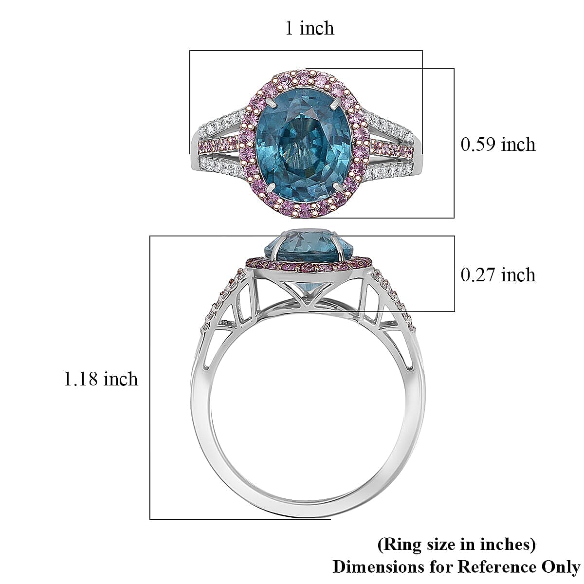 Luxoro AAA Cambodian Blue Zircon, Pink Sapphire and G-H SI Diamond 6.15 ctw Blue Rose Ring in 10K White Gold (Size 6.0) image number 5