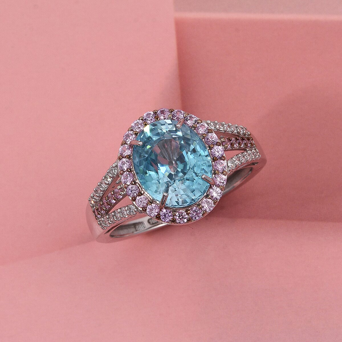 Luxoro AAA Cambodian Blue Zircon, Pink Sapphire and G-H SI Diamond 6.15 ctw Blue Rose Ring in 10K White Gold (Size 7.0) image number 1