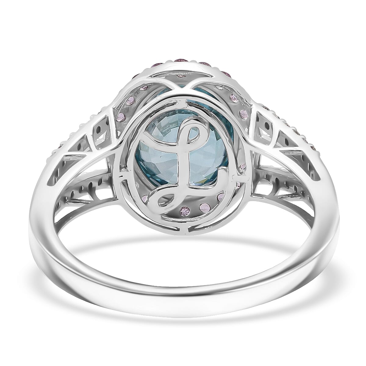 Luxoro AAA Cambodian Blue Zircon, Pink Sapphire and G-H SI Diamond 6.15 ctw Blue Rose Ring in 10K White Gold (Size 7.0) image number 4