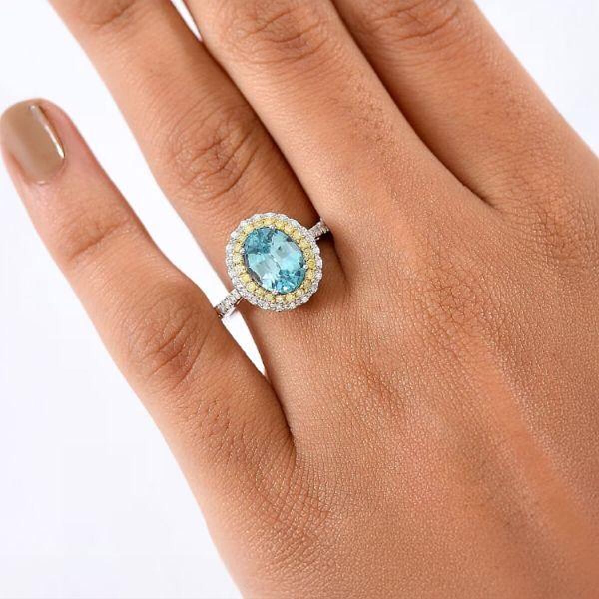 Luxoro AAA Cambodian Blue Zircon, Pink Sapphire and G-H SI Diamond 6.15 ctw Blue Rose Ring in 10K White Gold (Size 8.0) image number 1