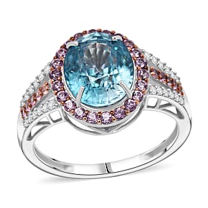 Luxoro AAA Cambodian Blue Zircon, Pink Sapphire and G-H SI Diamond 6.15 ctw Blue Rose Ring in 10K White Gold (Size 9.0)