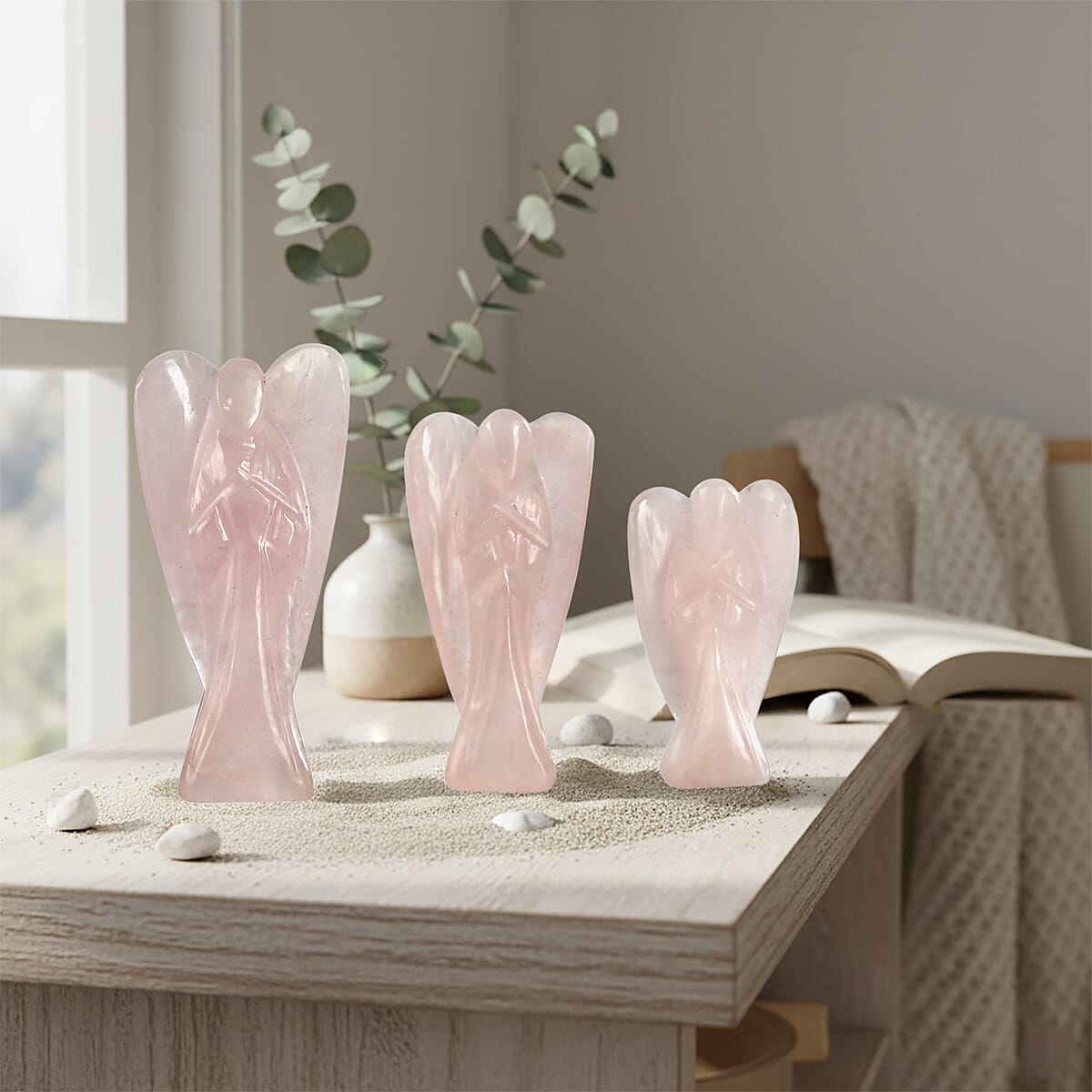 Livmore Handcraved Set Of 3 Rose Quartz Gemstone Angel (3, 2.5 and 2 Inch) image number 1