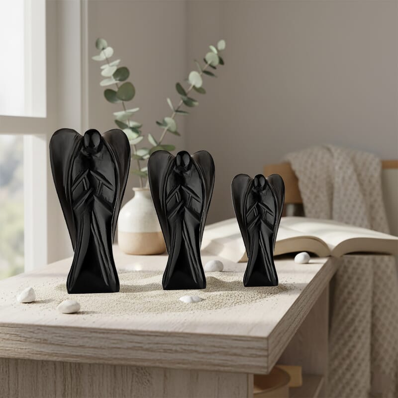 Livmore Handcraved Set Of 3 Black Obsidian Gemstone Angel (3, 2.5 and 2 Inch)